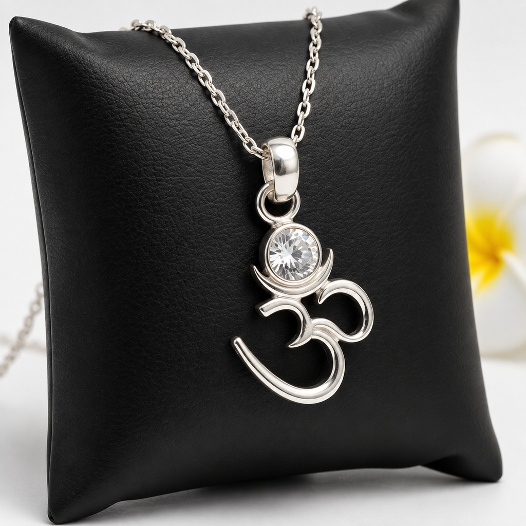 Silver Om Chand Pendant with Chain