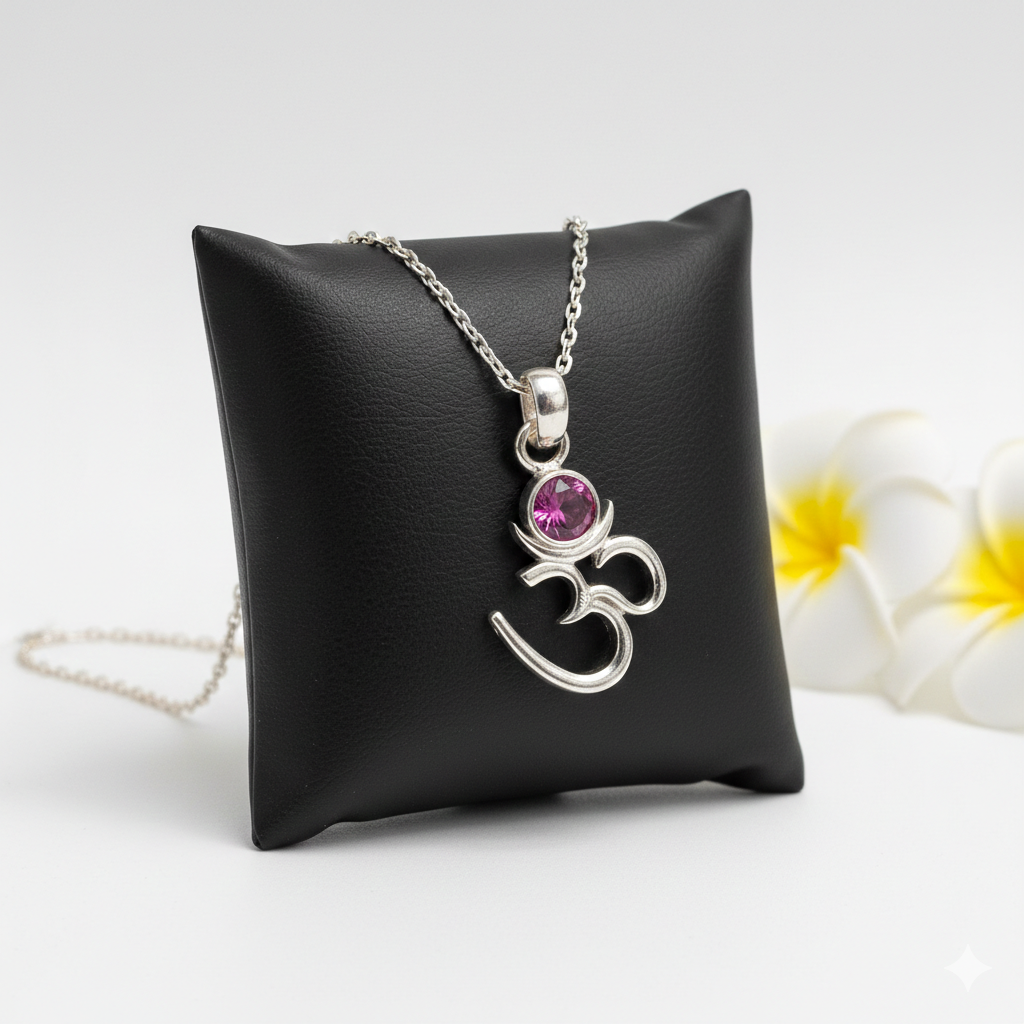 Silver Om Chand Pendant with Chain