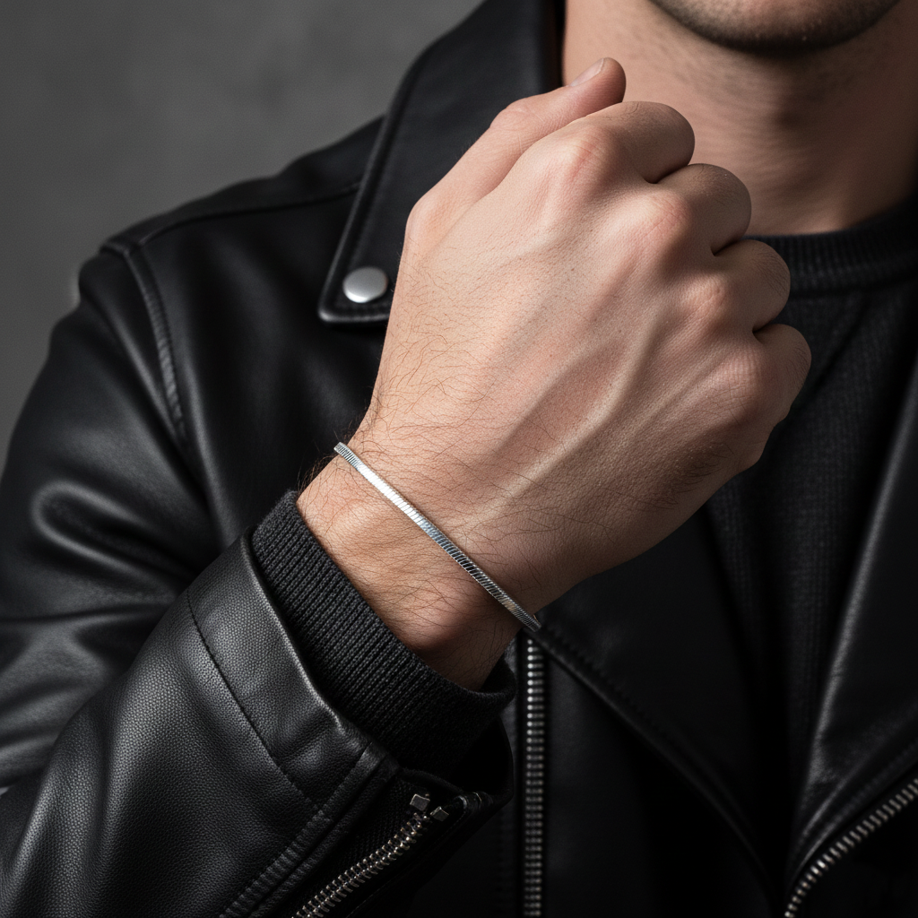 Slim Square Snake Boys Silver Bracelet